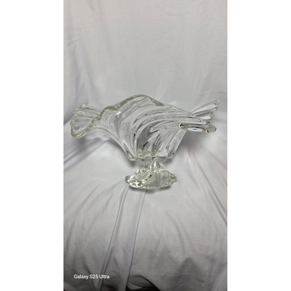 Vintage Clear Art Glass Ruffled Centerpiece Bowl Swirl Pedestal Fruit Dish